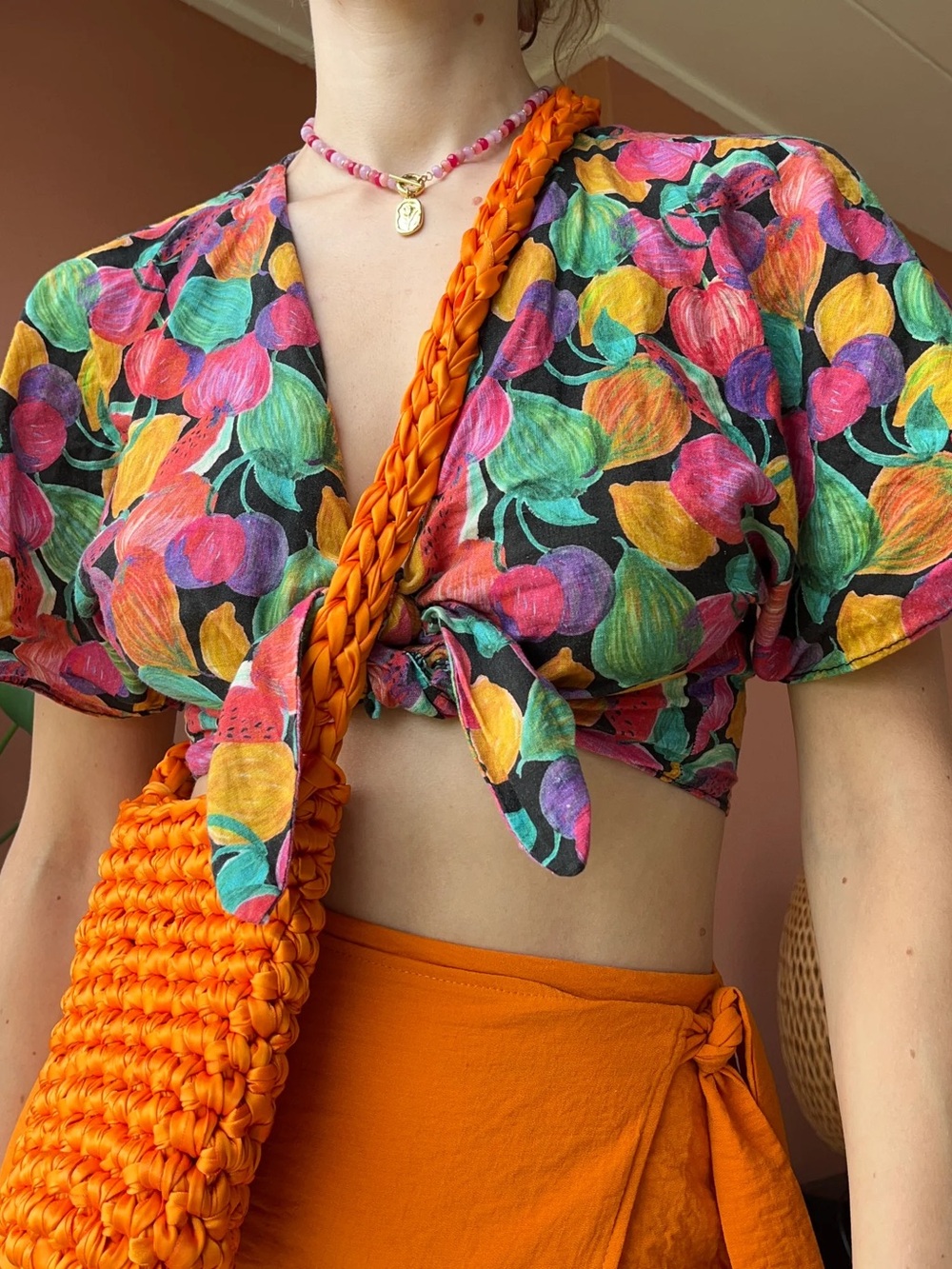 🍉Zara - Fruit Salad Print Tie-Front Crop Top Multicolor Size XS